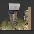 Cartoon Scene Featuring Tree Stump Base With Small House Two Little Mice and Mushrooms