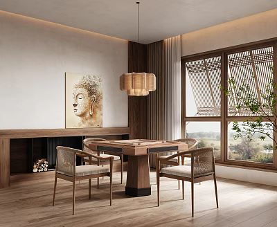 Mahjong Game Room Featuring Buddha Painting Wooden Elements And Large Windows 3d model