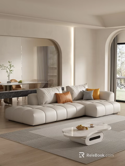 White Sectional Sofa With Orange Grey Check And Yellow Pillows In Modern Living Room 3d model 