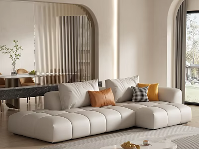 White Sectional Sofa With Orange Grey Check And Yellow Pillows In Modern Living Room 3d model