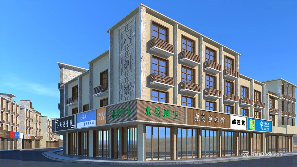 Commercial Street With Modern Multi Story Building Retail Shops And Storefront Signboards 3d model 