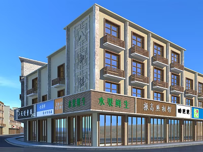 Commercial Street With Modern Multi Story Building Retail Shops And Storefront Signboards 3d model