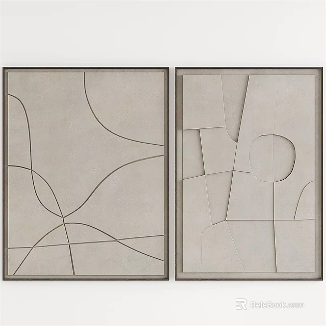 Abstract Wall Art Paintings With Geometric Lines Irregular Shapes Beige Gray And Black Outlines 3d model 