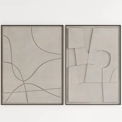 Abstract Wall Art Paintings With Geometric Lines Irregular Shapes Beige Gray And Black Outlines 3d model