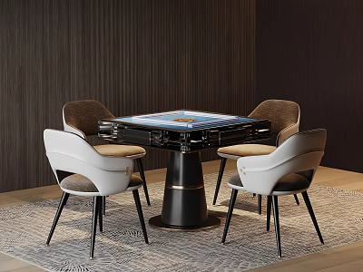 Modern Entertainment Table With Square Game Board And Surrounding White Brown Chairs 3d model