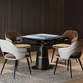 Modern Entertainment Table With Square Game Board And Surrounding White Brown Chairs
