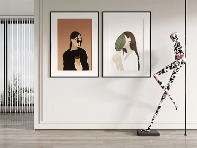 Modern Interior With Two Portrait Paintings Black Frame And Leaf Covered Face Design 3d model