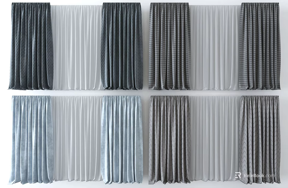 Modern Curtains In Gray White Light Blue With Various Textures And Designs 3d model