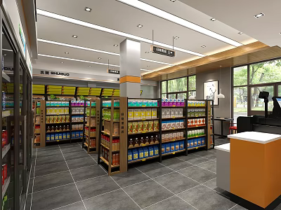 Supermarket Grocery Store Interior With Organized Shelves Various Products Refrigerators And Checkout Counter 3d model