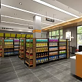 Supermarket Grocery Store Interior With Organized Shelves Various Products Refrigerators And Checkout Counter