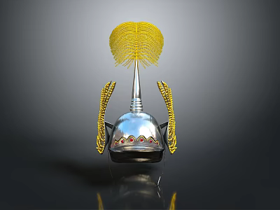 Metallic Helmet With Yellow Feather Top Side Structures And Red Dots 3d model