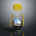 Metallic Helmet With Yellow Feather Top Side Structures And Red Dots