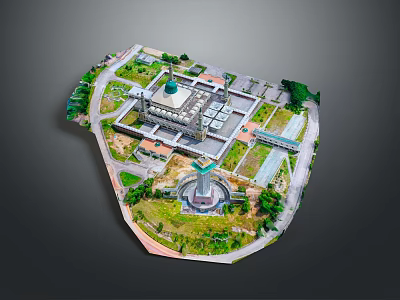White Pigeons Roaming Around Mosque Square With Green Dome And Fountain 3d model