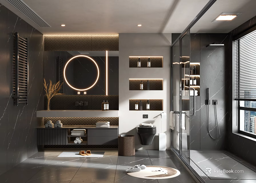 Contemporary Bathroom Interior Featuring Round Mirror Wall-Mounted Shelves Glass Shower Dark Walls And Marble Countertop 3d model 