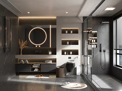 Contemporary Bathroom Interior Featuring Round Mirror Wall-Mounted Shelves Glass Shower Dark Walls And Marble Countertop 3d model