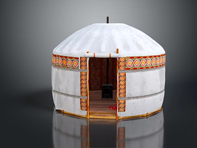 Traditional Yurt With White Exterior Colorful Decorative Patterns Open Door And Interior View 3d model