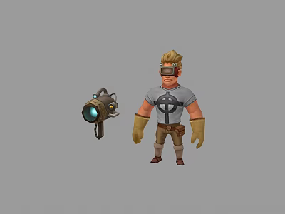 3D Game Character With Blonde Hair Goggles Grey Tshirt Gloves And Mechanical Device 3d model