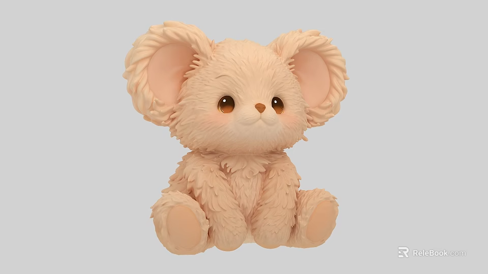 Cute Fluffy Peach Plush Mouse Doll With Big Ears And Round Eyes 3d model 