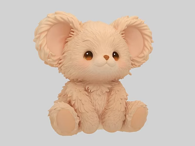 Cute Fluffy Peach Plush Mouse Doll With Big Ears And Round Eyes 3d model