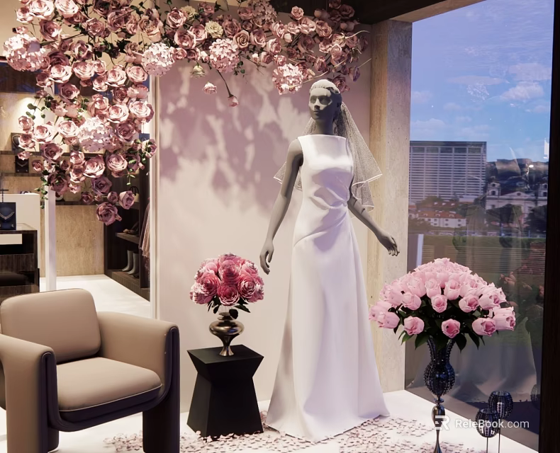 Elegant Wedding Dress Clothing Store With Pink Flowers And Mannequin 3d model 