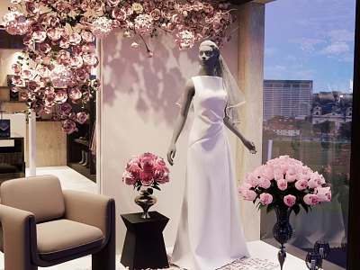Elegant Wedding Dress Clothing Store With Pink Flowers And Mannequin 3d model