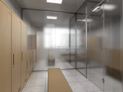 Other Restroom Design With Lockers Bench Glass Partitions And Tiled Flooring 3d model