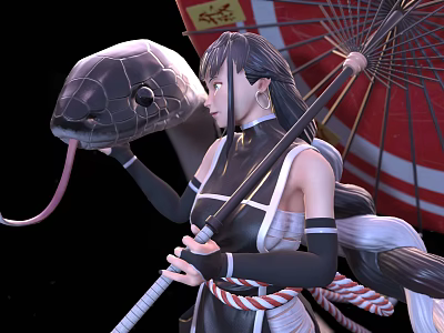 Female Character In Traditional Outfit Holding Snake With Tongue Out And Red Umbrella 3d model