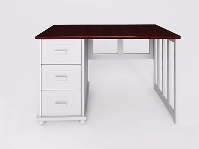 Stylish Desk With Dark Red Desktop White Three Drawers And White Frame 3d model