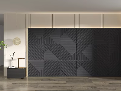 Modern Elegant Bedroom Accent Wall Design With Geometric Pattern Panels And Dark Finish 3d model