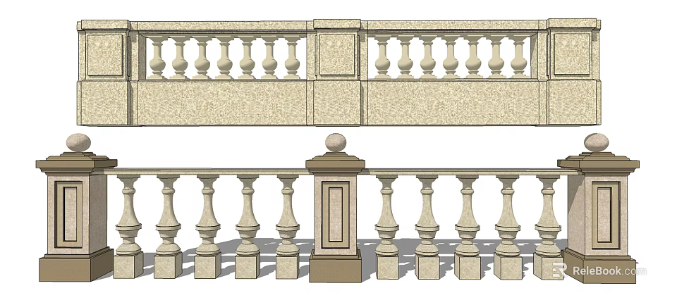 Stone Railing Design With Decorative Balusters Square Posts And Spherical Top 3d model