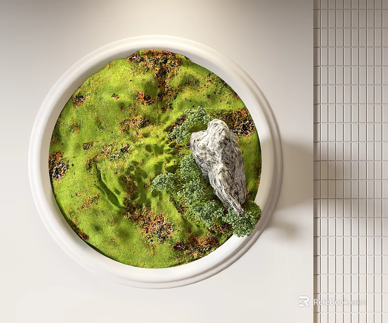 Green Plant Wall with Moss Small Plants Stone and White Pot Against White Tiled Wall 3d model 