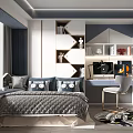 Tatami Bedroom Interior With Bed And Cartoon Patterned Pillows Desk Chair Geometric Wall Decor