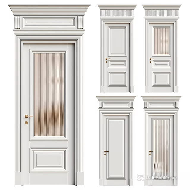 Modern White Hinged Door Design With Glass Panel And Decorative Frame 3d model