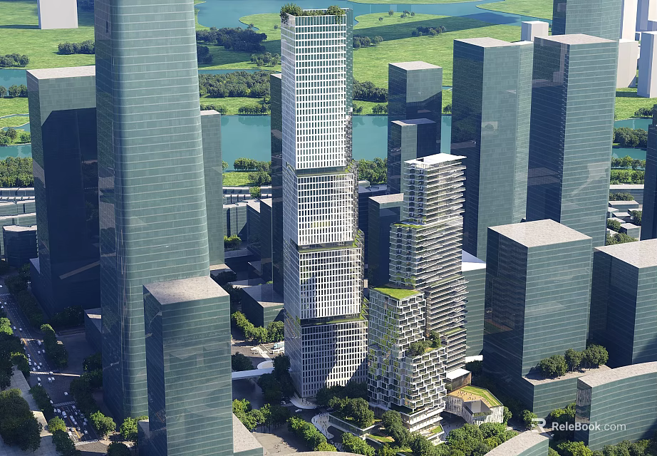 Modern High Rise Office Building Featuring Glass Curtain Walls And Urban Green Spaces 3d model 