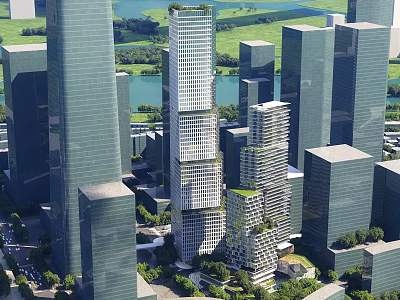 Modern High Rise Office Building Featuring Glass Curtain Walls And Urban Green Spaces 3d model