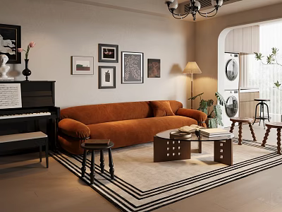 Cozy Living Room Interior With Orange Sofa Decorative Paintings Piano And Striped Rug 3d model