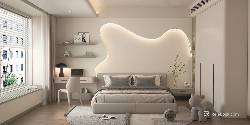 Modern Minimalist Kids Bedroom With Curved Light Wall And Cozy Decor 3d model 
