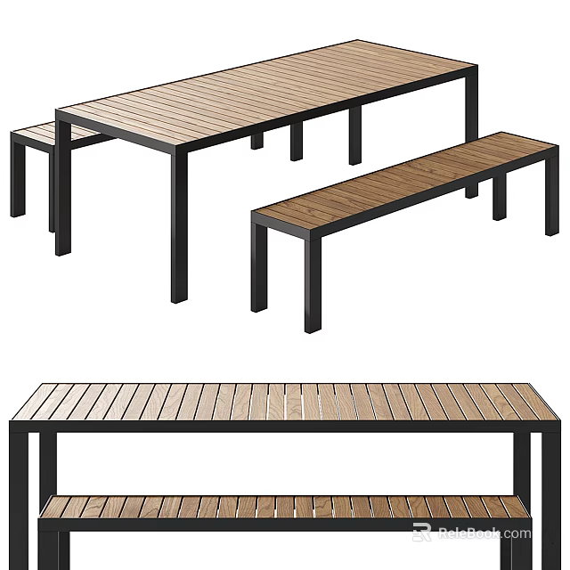 Modern Wooden Dining Table And Bench Set With Black Metal Legs And Slatted Top 3d model 