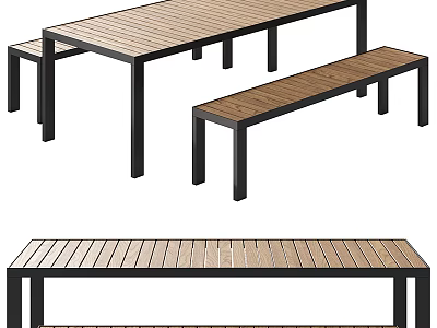 Modern Wooden Dining Table And Bench Set With Black Metal Legs And Slatted Top 3d model