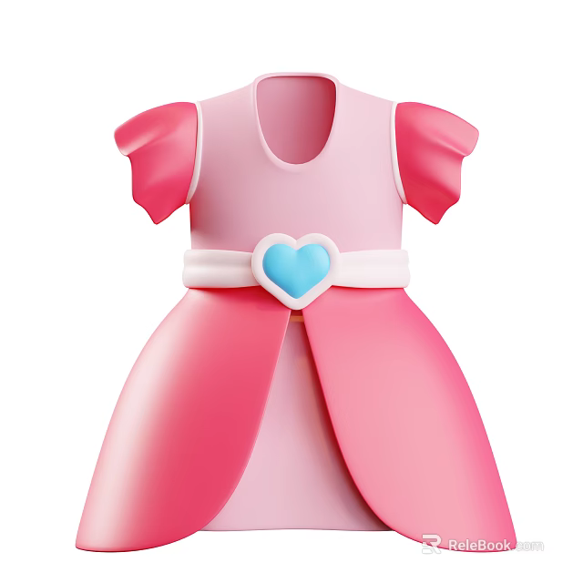 Pink Princess Style Dress with Short Sleeves White Belt and Blue Heart Decoration Fluffy Skirt 3d model 