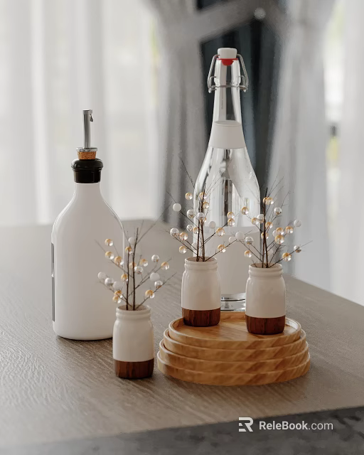 Decorative White Bottle With Black Cap And Small Jars Holding Beaded Branches On Wooden Tray 3d model 