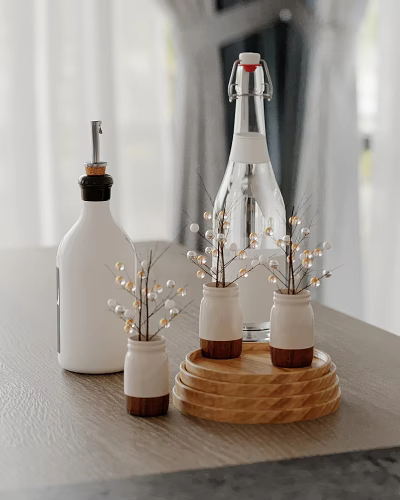 Decorative White Bottle With Black Cap And Small Jars Holding Beaded Branches On Wooden Tray 3d model