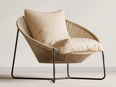 Modern Curved Rattan Leisure Chair With Beige Cushion And Black Metal Legs 3d model
