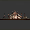Cartoon Scene Featuring Red And White Striped Circus Tent With Small Stalls And Lamp Posts