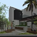 Modern Detached Villa with Palm Trees Lush Greenery and Wooden Deck Entrance