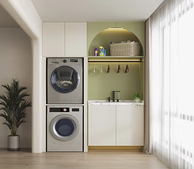 Bathroom Cabinet Rack with Stacked Washer Dryer Green Wall Hanging Hooks White Cabinets Small Plant 3d model