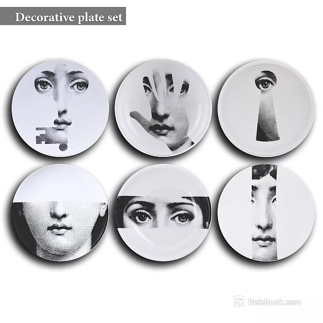 Elegant White Ceramic Kitchen Plates Featuring Creative Face And Hand Art Patterns 3d model 