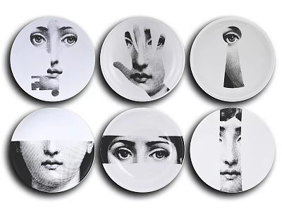Elegant White Ceramic Kitchen Plates Featuring Creative Face And Hand Art Patterns 3d model
