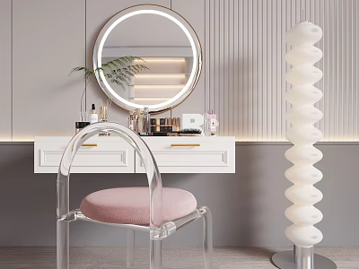 Modern Dressing Table with Round Mirror Clear Chair Pink Cushion Spiral Floor Lamp and Cosmetics 3d model