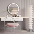 Modern Dressing Table with Round Mirror Clear Chair Pink Cushion Spiral Floor Lamp and Cosmetics